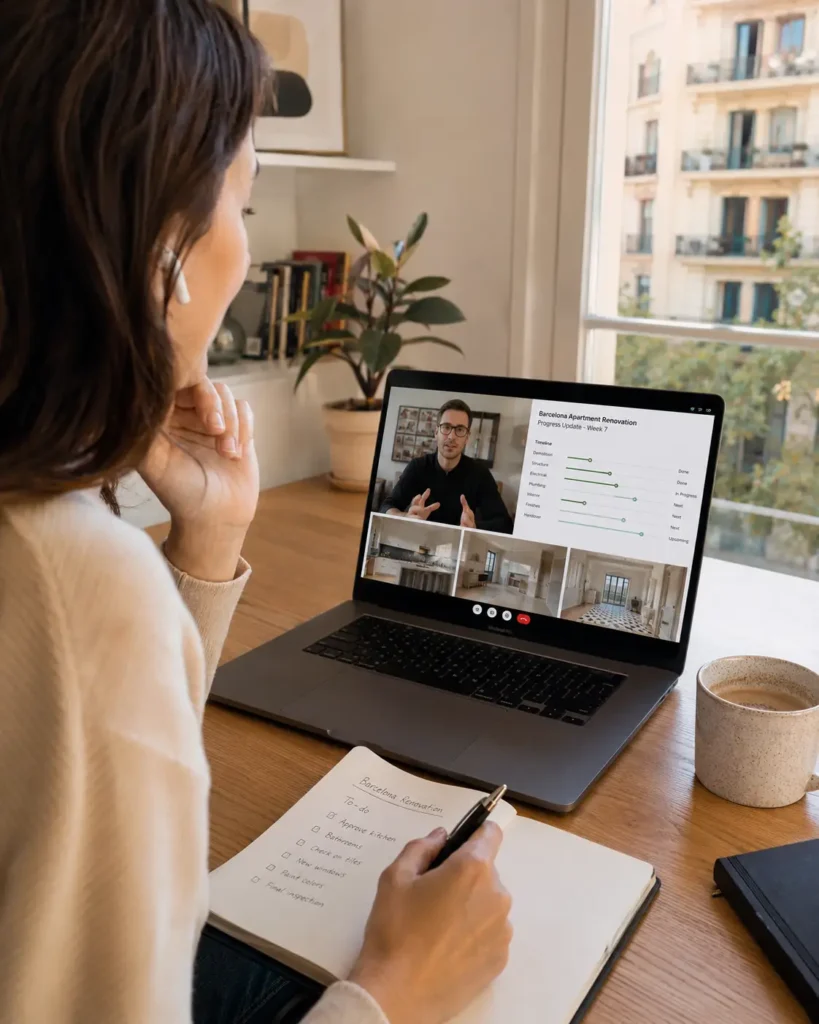 Expat homeowner reviewing Barcelona apartment renovation progress remotely on a laptop video call