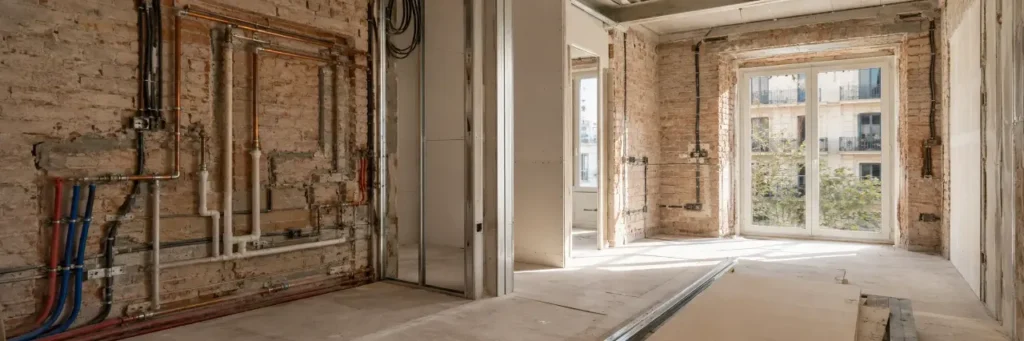Barcelona apartment renovation in progress showing new electrical wiring and plumbing before finishes