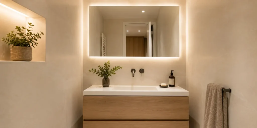 Floating vanity with a large backlit mirror in a compact light-toned Barcelona bathroom