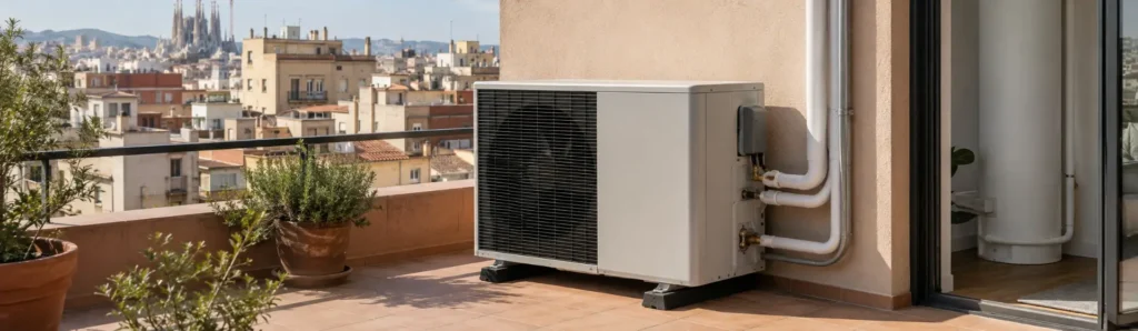 Aerotermia air-source heat pump installed on a Barcelona apartment terrace providing heating, cooling and hot water