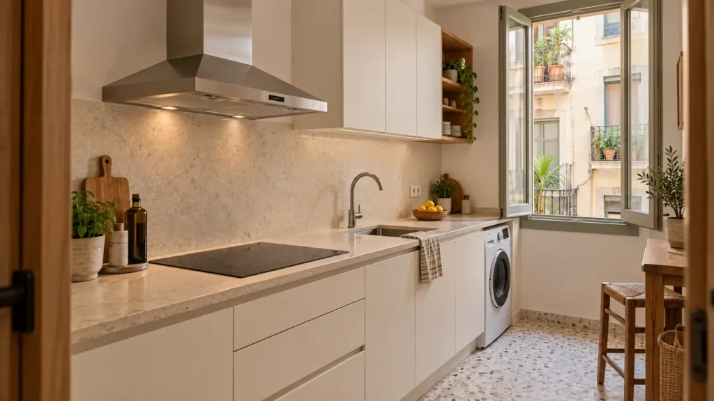Renovated kitchen in a Barcelona apartment with an extractor hood, sink, induction hob, washing machine and an opening window