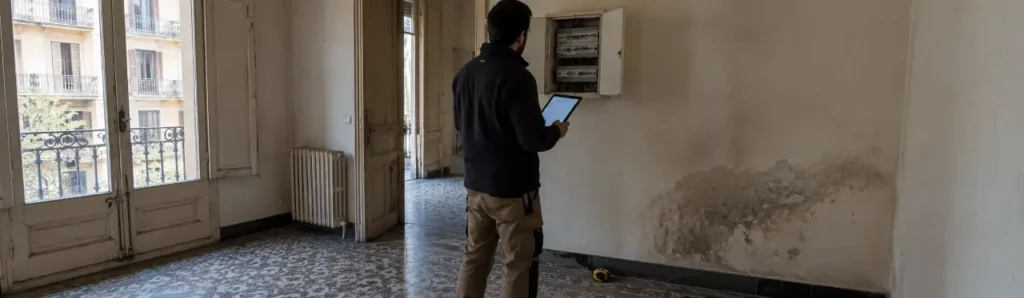 Surveyor checking the electrical panel and a damp patch in an old Barcelona apartment before purchase