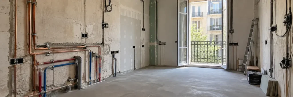 Barcelona kitchen mid-renovation showing new plumbing and separate electrical circuits before units are fitted