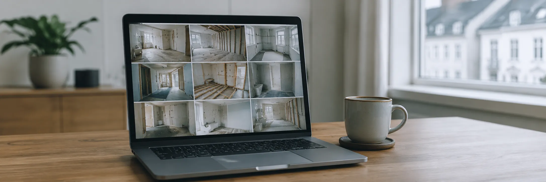 Overseas owner reviewing a weekly photo progress report from a Barcelona apartment renovation on a laptop