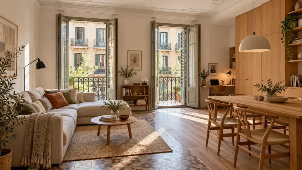 Barcelona tourist licence ending: Eixample apartment arranged for everyday living, with built-in storage, a work desk and a dining table