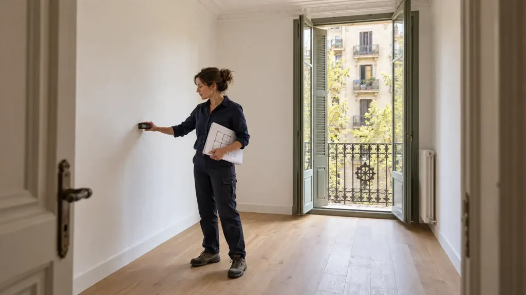 Cédula de habitabilidad in Barcelona: technician measuring an empty room in an Eixample apartment with a laser meter before renovation