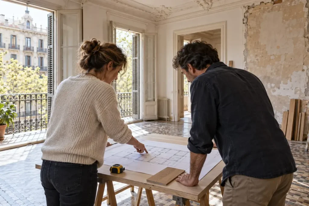 Owner and technician reviewing a measured floor plan in an old Barcelona apartment before converting it from tourist use
