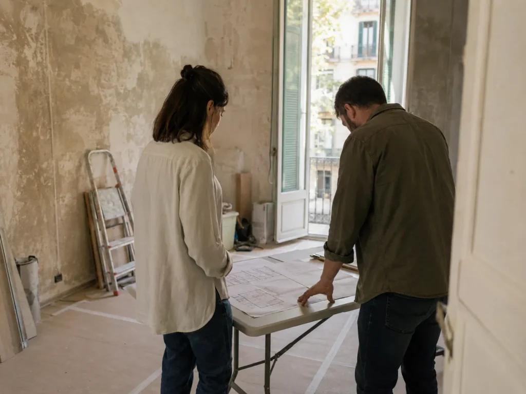 How to choose a renovation company in Barcelona: project manager reviewing itemised plans on an apartment renovation site
