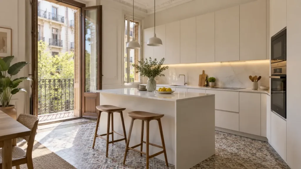 Kitchen renovation cost in Barcelona: renovated kitchen in a classic apartment with island, light cabinetry and quartz worktop