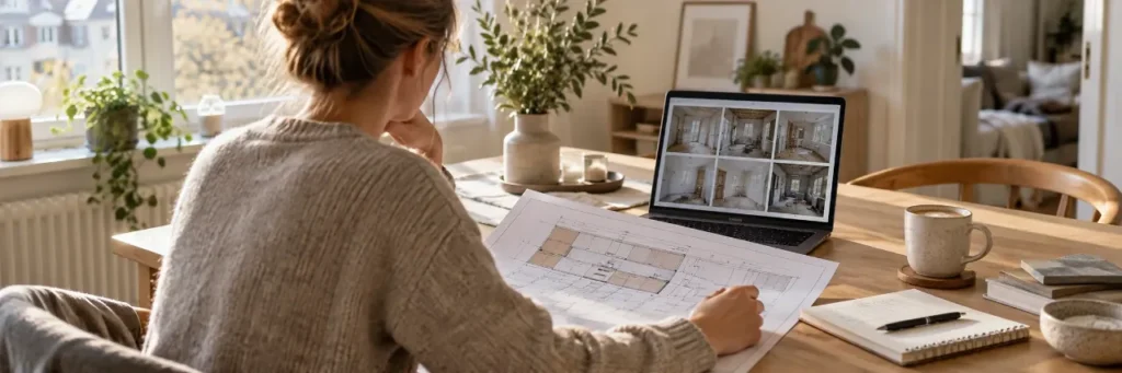 Overseas owner reviewing a Barcelona kitchen renovation drawing and progress photos on a laptop