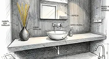 Home Renovation Barcelona bathroom construction sketch with modern vanity, sink and fixtures used in Revive Quality project updates