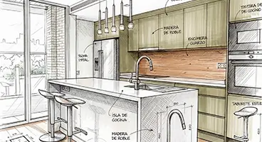 Home Renovation Barcelona design sketch of a modern kitchen with island and detailed material notes as part of Revive Quality’s remote renovation planning