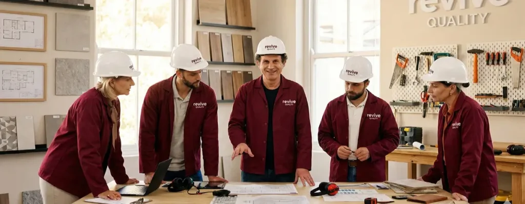 Revive Quality renovation team reviewing project plans Renovation Company Barcelona team from Revive Quality reviewing renovation plans together in the office