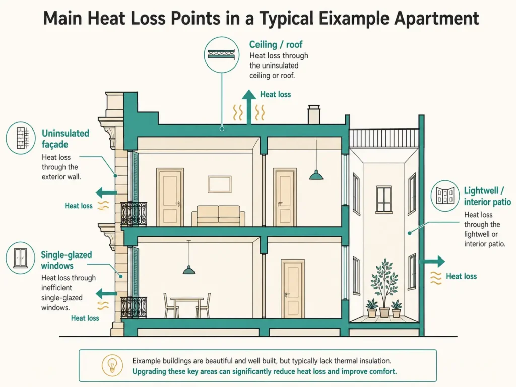 Diagram showing where a typical Barcelona apartment loses heat: uninsulated façade, single-glazed windows, roof and light well